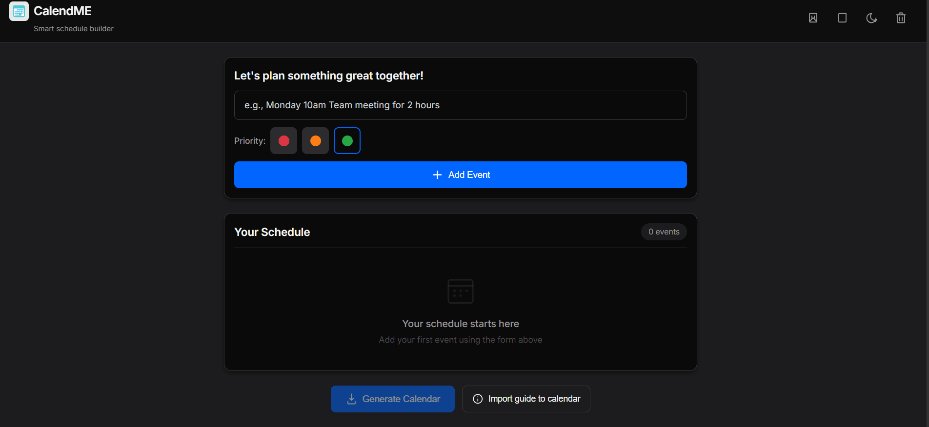 CalendME smart schedule builder interface.